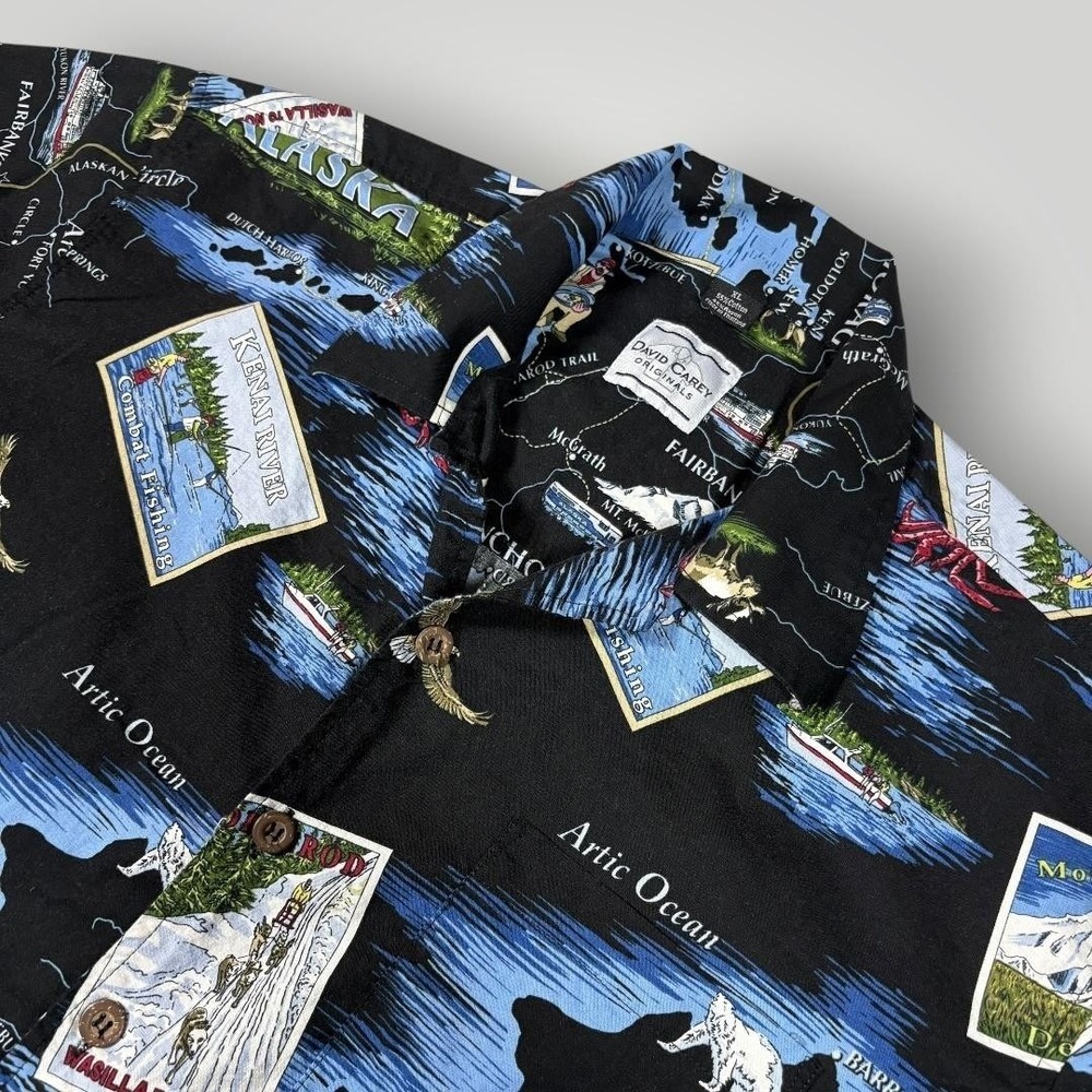 David Carey‎ Shirt Mens XL Black Alaska Map Hawaiian Button Front Short Sleeve